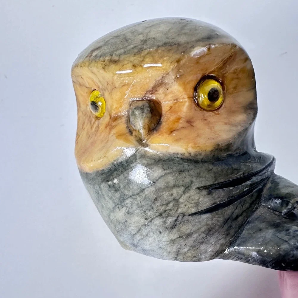 Vintage Italian Alabaster Owl Figurine Glass Eyes Hand Carved Stone Italy